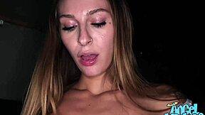 Stacked blonde Angel throats and tittyfucks monster cock wildly