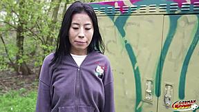 german scout picks tiny half-asian 43kg teen for first casting fuck