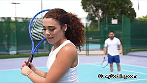 curly petite ebony teen deepthroats big black cock after sport practice