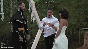 brunette bride sucks two monster cocks deep before her wedding day