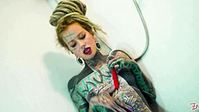 Heavily Tattooed Model's Intense Shower Anal Dildo Play