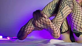 goth slut's fishnet footjob in bedroom pov