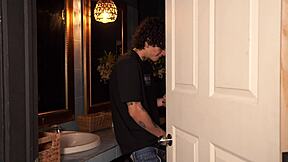 brunette mommy catches stepson stroking his huge cock