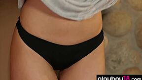 adorable petite brunette teen 18+ darcie dolce strips stockings to bare sweaty pussy