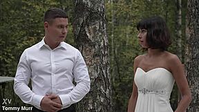 brunette bride sucks two monster cocks deep before her wedding day