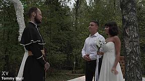 brunette bride sucks two monster cocks deep before her wedding day