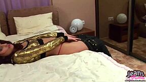 skinny teen slowly peels off tight jeans revealing her panties and ass