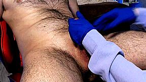 Oiled up housewife shaves my cock with gloves then handjob to orgasm