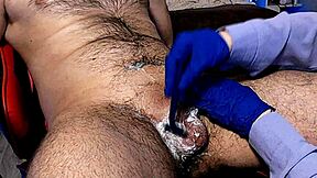 Oiled up housewife shaves my cock with gloves then handjob to orgasm