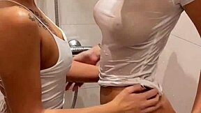 damn this lesbian shower turned into sloppy double blowjob contest... deepthroats facials cum swaps all pov holy shit