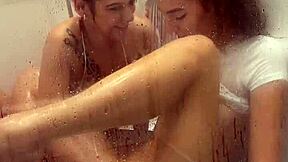 damn this lesbian shower turned into sloppy double blowjob contest... deepthroats facials cum swaps all pov holy shit