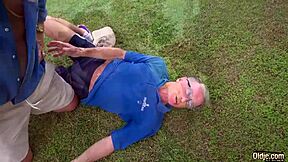 two old grandpas fuck blonde teen outdoors and slurp her juicy pussy lips sloppy