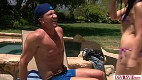 stepdad pounds stepdaughter's petite shaved best friend outdoors bikini blowjob