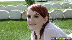 redhead teen spreads legs outdoor for stud's pussy pounding missionary doggystyle