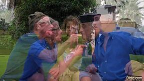 two old grandpas fuck blonde teen outdoors and slurp her juicy pussy lips sloppy