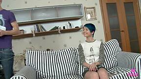 watch aster v's slim brunette body bent over taking dick cum on face!