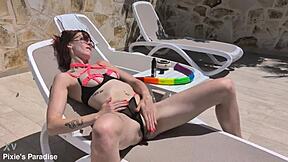 pixie pink stuffs massive anal snake dildo gaping her skinny redhead ass outdoors