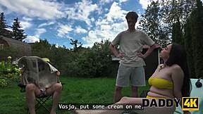Daddy4K: Stepdaddy Claims Juicy Melons and Tight Pussy Outdoors