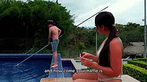 nerdy neighbor stepson with huge cock rails me doggystyle by the pool outdoors
