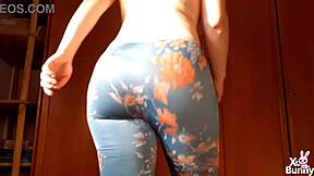goddess in leggings farts teasingly while walking topless—kinky yoga fetish dream