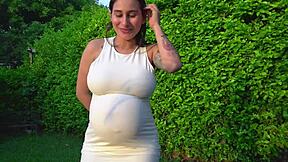 Pregnant petite dares anal plug shove outdoors for cash