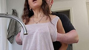Horny Wife Bent Over Kitchen Sink. Husband Pounds Huge Tits Slut.