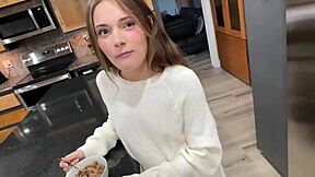 Little stepdaughter Juniper Ren rides old man's cock cowgirl style in household fantasy creampie pov