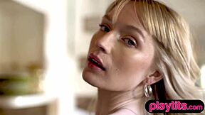 Petite blonde pornstar strips outdoors ripping clothes to reveal big juicy tits and slender body in solo show