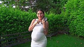 Pregnant petite dares anal plug shove outdoors for cash