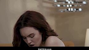 freya's athletic bodybuilder lover cums on redhead's hairy thong pussy