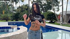 colombian cutie rides photographer's huge cock poolside till mouth creampie