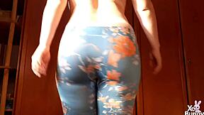 goddess in leggings farts teasingly while walking topless—kinky yoga fetish dream