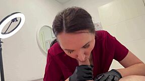 nurse humiliates patient with ball laser and deepthroat dick in throat slobber