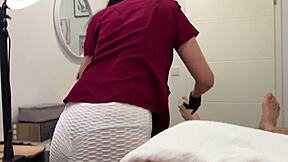 nurse humiliates patient with ball laser and deepthroat dick in throat slobber