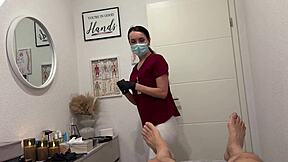 nurse humiliates patient with ball laser and deepthroat dick in throat slobber