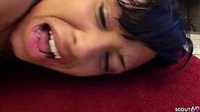 Black-Haired Cougar's Saggy Tits Seduce Blonde Teen to Strap-On Lesbian Debut