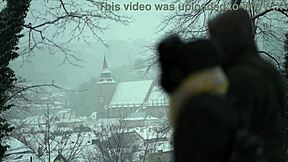 braces babe flashes wet pussy outdoors in snow, laura quest's teasing winter voyeur magic?