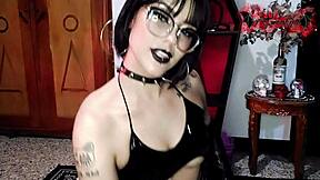 goth slut rides big black toy ripping clothes heels tease