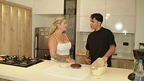 Stepson becomes stepmom's secret lover in taboo kitchen fling