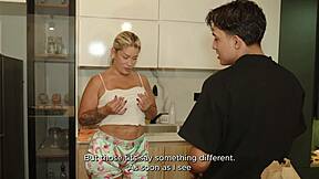 Stepson becomes stepmom's secret lover in taboo kitchen fling