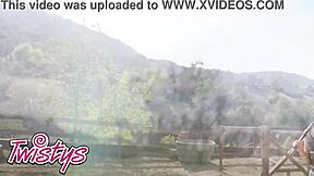 Horny Destiny Cruz strips, bathes outdoors, fingers pussy in cowgirl gear