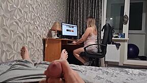 stepmom works at computer while i jerk big cock she watches and sucks