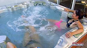 curvy coeds jamie litton vicky tease with hot tub handjobs and deepthroats.