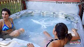 curvy coeds jamie litton vicky tease with hot tub handjobs and deepthroats.