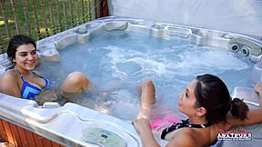 curvy coeds jamie litton vicky tease with hot tub handjobs and deepthroats.