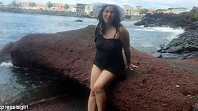 Curvy Lady in Sexy Outfit Fingers Pussy on Beach Photoshoot!