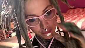 hot solo tattooed babe w glasses... plays creamy pussy & dildo 😩