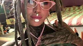 hot solo tattooed babe w glasses... plays creamy pussy & dildo 😩