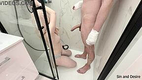 kind stepmom tenderly relieves stepson with broken arms through intimate release