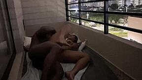Cute brunette couple fucks passionately on hotel balcony amateur style